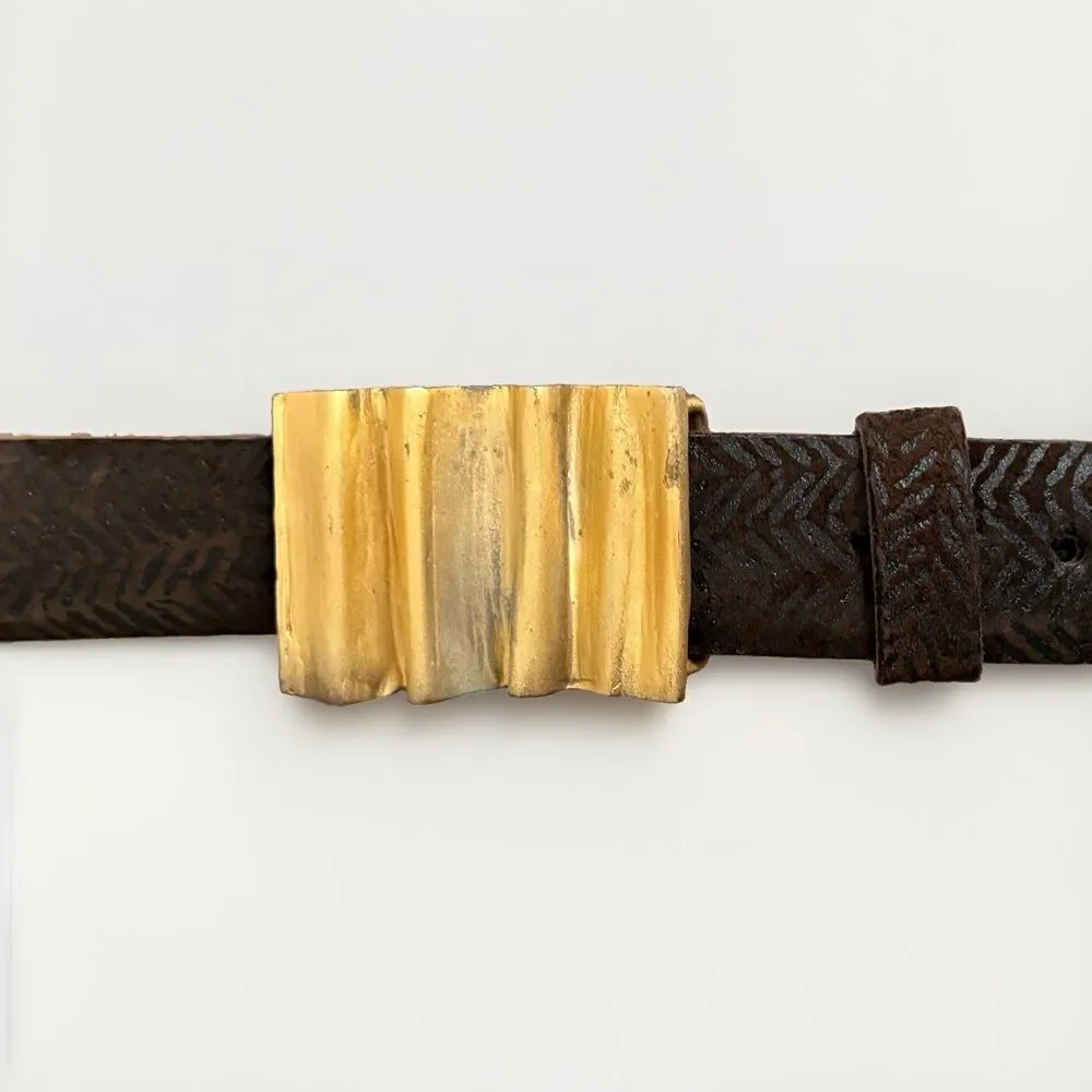 Elaine Coyne Vintage Fine Leather Gold Buckle Brown Herringbone Belt Size M